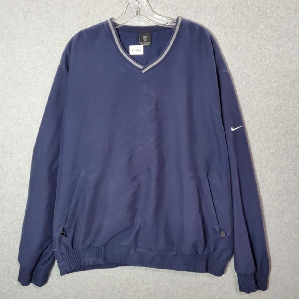 Nike Men Sweatshirt Large Blue Windbreaker Swoosh Logo Zip Pockets V Neck‎